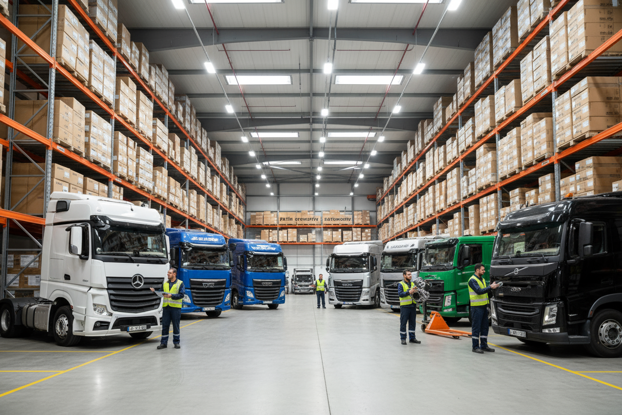 bir depo oluşturmanı istiyorum deponun içinde mercedes daf man volvo scanıa ford tırlar olsun ve raflarda kutular olsun kutuların üstünde fatih otomotiv yazsın ve çalışanlar tır sahipleriyle iletişimde olsunlar tırcının istediği malzame verilsin müşteriye